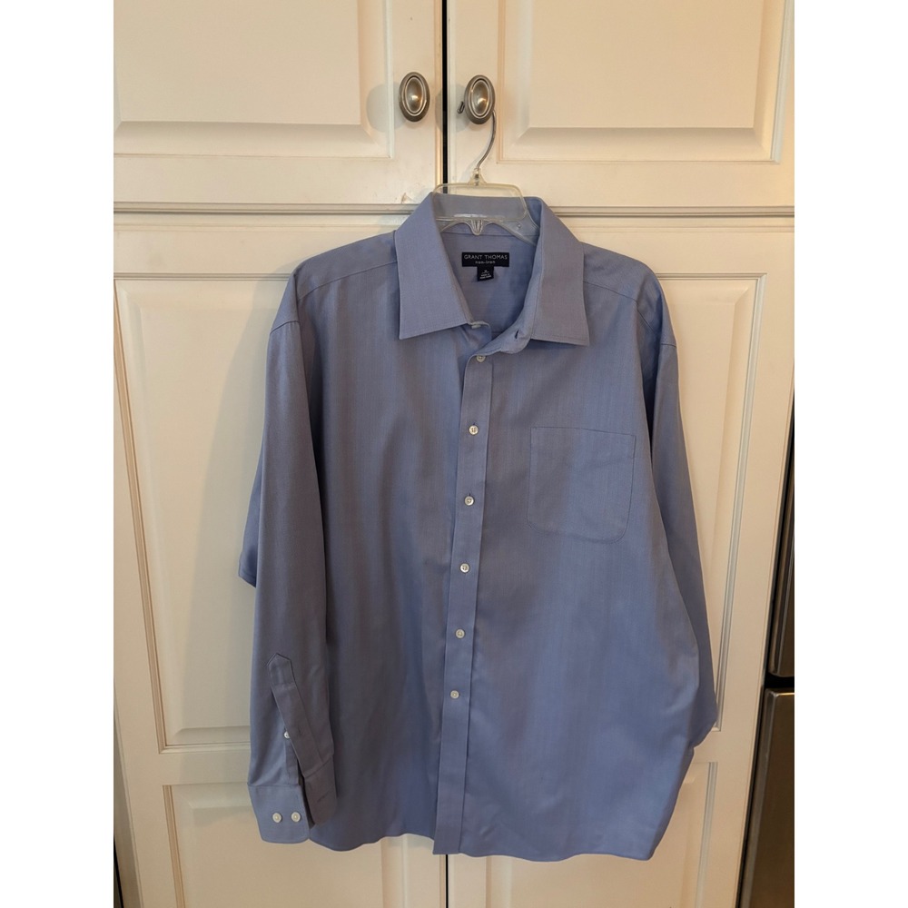 Grant Thomas Mens Non-Iron Dress Shirt Blue Herringbone 100%‎ Cotton 18 34/35